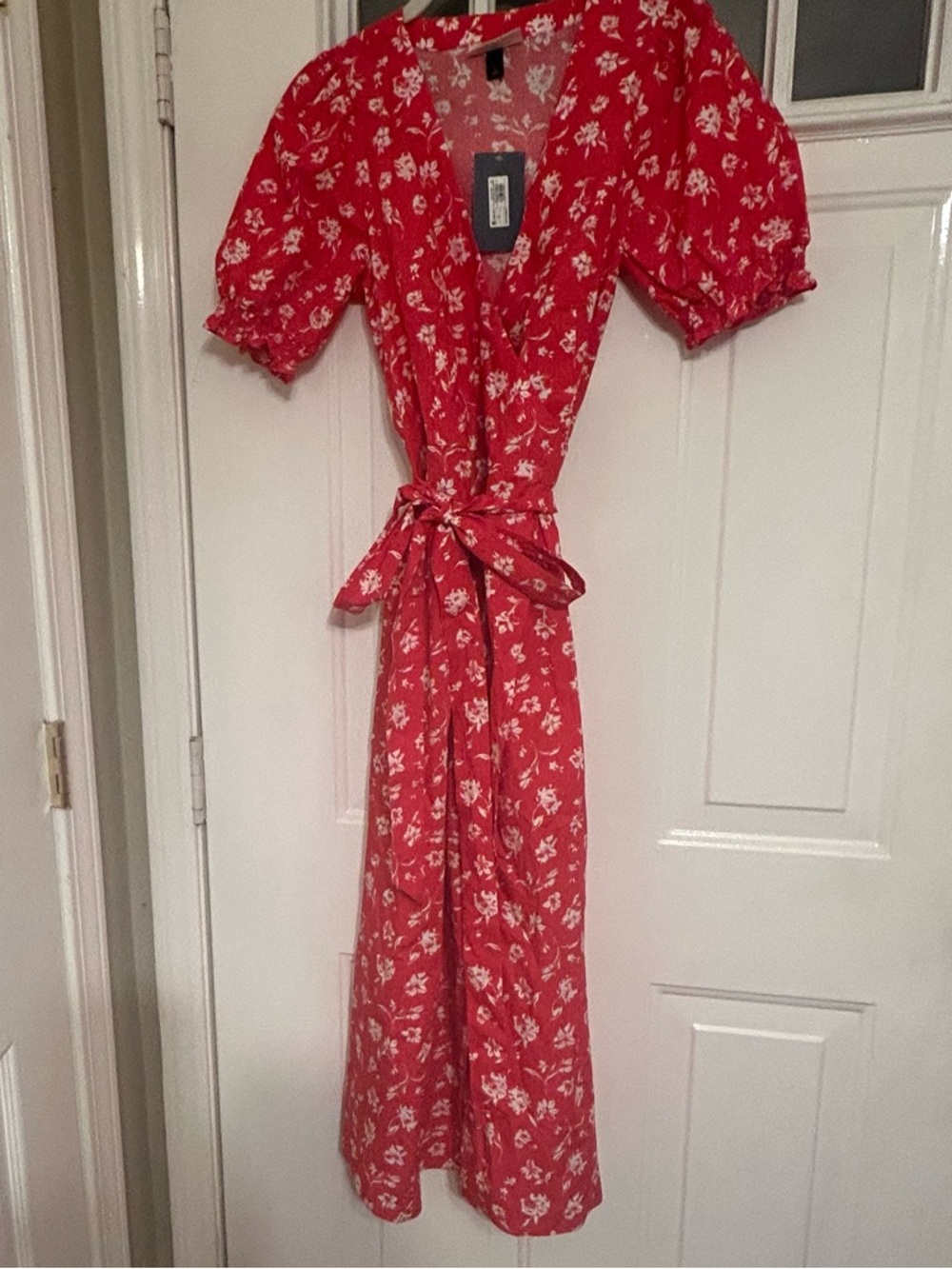Universal Thread Women's Red Puff Short Sleeve Midi Wrap V-Neck Dress Size S
